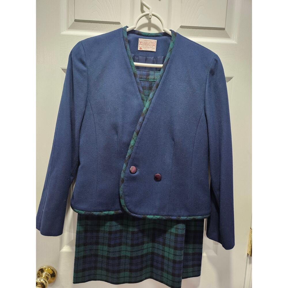 Vintage Pendleton Women's Wool Plaid Tartan Green Blue Skirt Blazer Suit Size 6 - Picture 3 of 14
